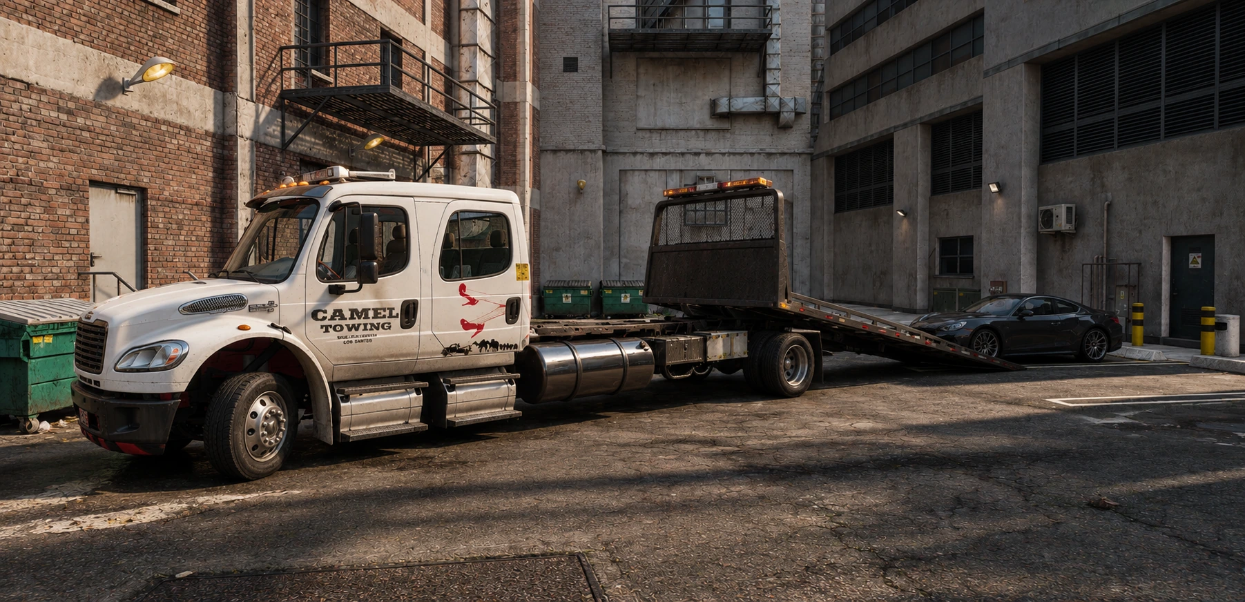 Camel Towing recovery truck in an industrial yard with a lowered flatbed and a car behind it.